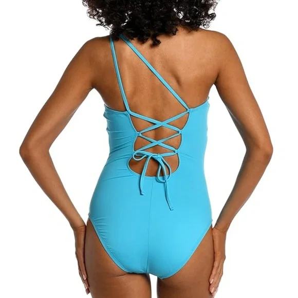 NWT La Blanca Women's Island Goddess One Shoulder One Piece Swimsuit, Azul - 16 - Picture 2 of 5